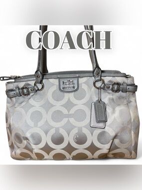 Coach Madison Op Art Kara Carryall Handbag 2012 Silver & Grey w 2-Hangtags - GUC